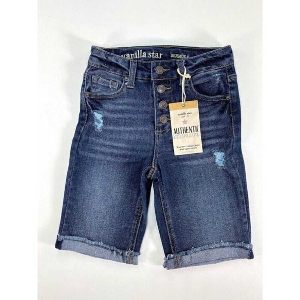 Vanilla Star Bermuda Mom Jean Shorts 24 0 Juniors'‎ Distressed Dark Blue NEW